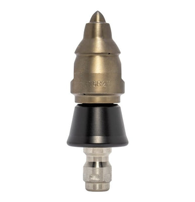 Drain cleaning nozzle for navigating tight spaces with protective skirt (1/4 inch, QR-A)